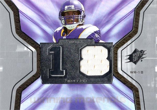 794757 Sidney Rice Player Worn Jersey Patch Football Card - Minnesota Vikings 2007 Upper Deck Rookie Winning Materials No.WMSR