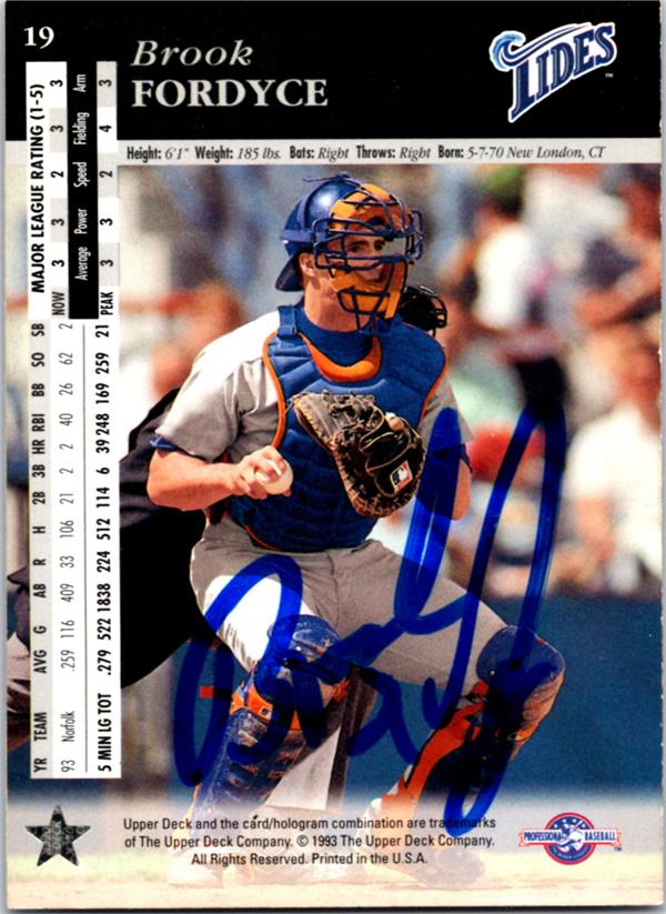 794176 Brook Fordyce Autographed Baseball Card - Norfolk Tides 1993 Upper Deck Top Prospects No.19