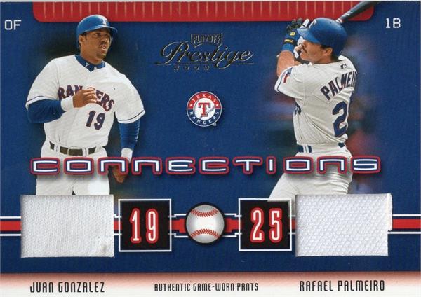 794248 Juan Gonzalez & Rafael Palmeiro Player Worn Jersey Patch Baseball Card - Texas Rangers 2003 Playoff Prestige No.C64 LE 111 & 400