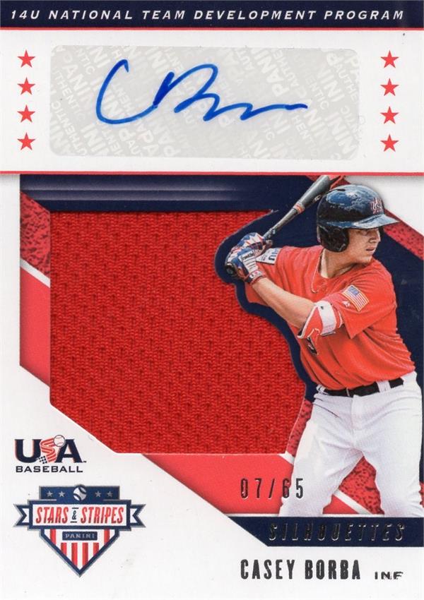 794252 Casey Borba Autographed Worn Jersey Patch Baseball Card - Team USA 2019 Panini Stars & Stripes Rookie No.USAFU LE 7 & 65