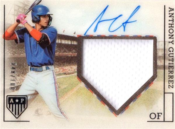 794253 Anthony Gutierrez Autographed Worn Jersey Patch Baseball Card - Texas Rangers 2023 Panini Americas Pastime Rookie No.Pmsag LE 48 & 100