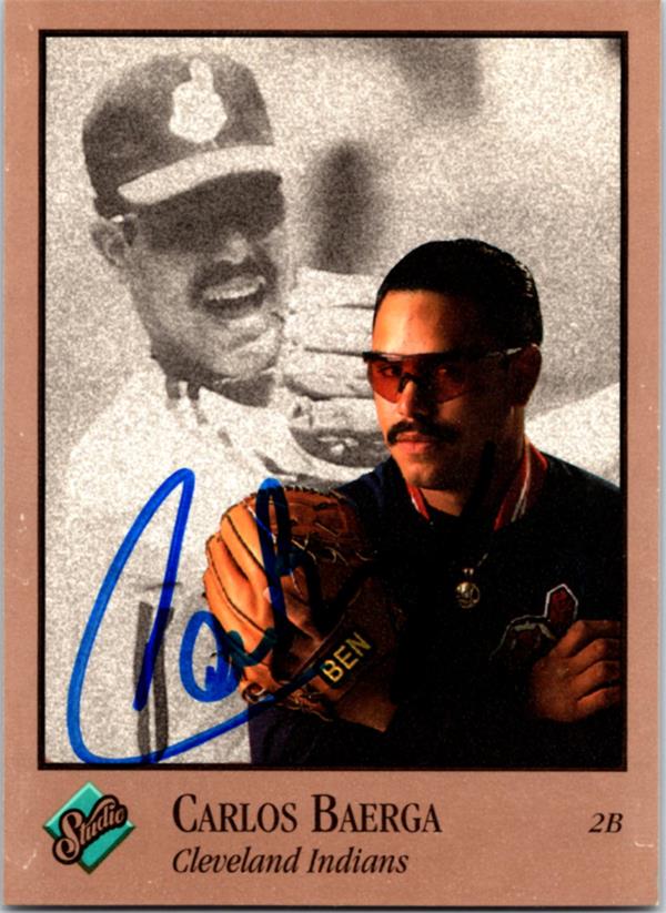 769378 Carlos Baerga Autographed Baseball Card - Cleveland Indians 1992 Leaf Studio No.163