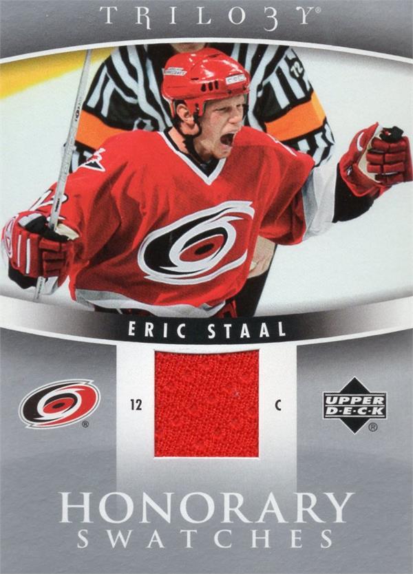 769816 Eric Staal Player Worn Jersey Patch Hockey Card - Carolina Hurricanes 2007 Upper Deck Trilogy No.HSES