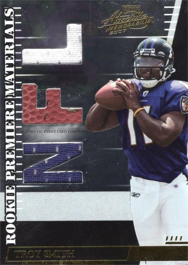 794759 Troy Smith Player Worn Jersey Patch Football Card - Baltimore Ravens 2007 Donruss Playoff Absolute No.284