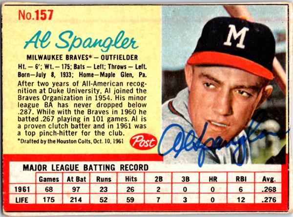 781197 Al Spangler Autographed Baseball Card - Milwaukee Braves 1962 Post Cereal No.157 -  Autograph Warehouse