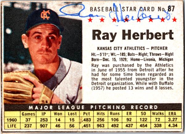781198 Ray Herbert Autographed Baseball Card - Kansas City Athletics 1961 Post Cereal No.87 -  Autograph Warehouse
