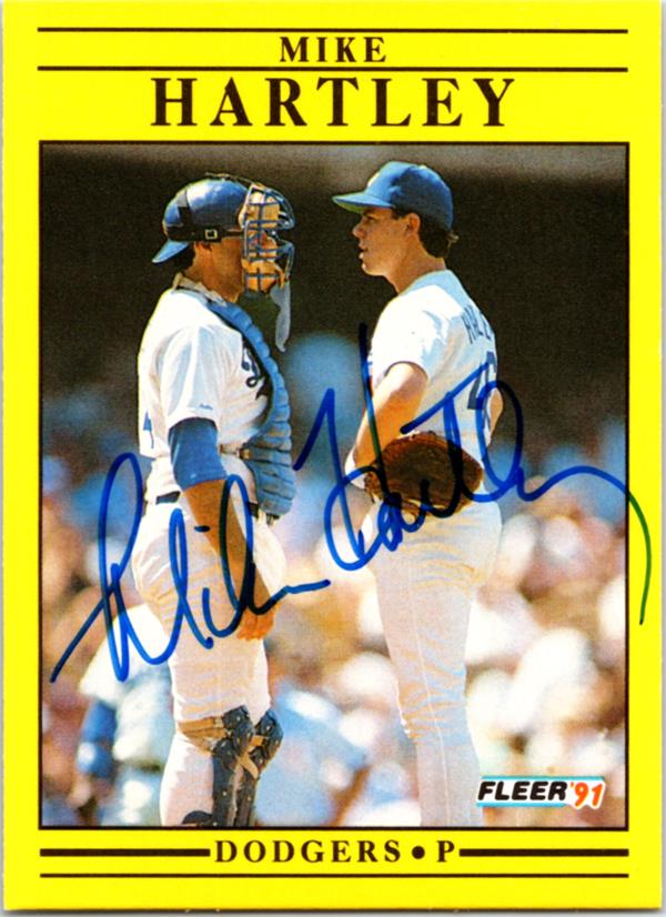 781244 Mike Hartley Autographed Baseball Card - Los Angeles Dodgers 1991 Fleer No.205
