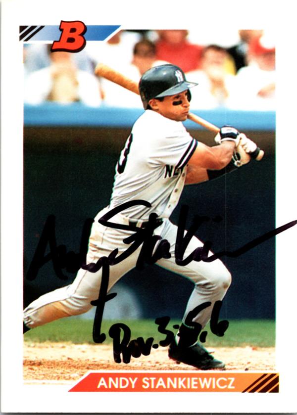 781404 Andy Stankiewicz Autographed Baseball Card -   York Yankees 1992 Bowman No.482