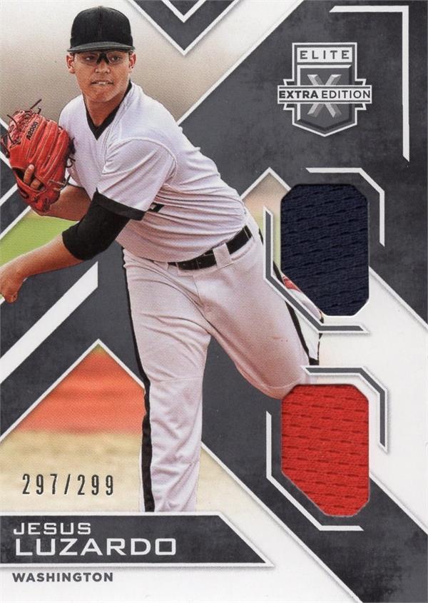 736757 Jesus Luzardo Player Worn Jersey Patch Baseball Card - Washington, Miami Marlins 2016 Panini Elite Extra Rookie No.DMJL LE 297 & 299