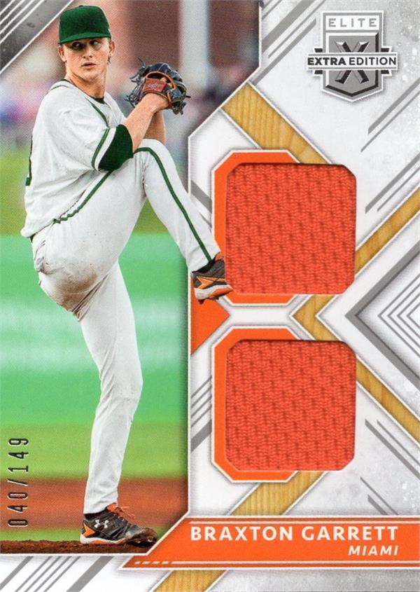 736740 Braxton Garrett Player Worn Jersey Patch Baseball Card - Miami Marlins 2018 Panini Elite Extra Rookie No.Dmbg LE 40 & 149