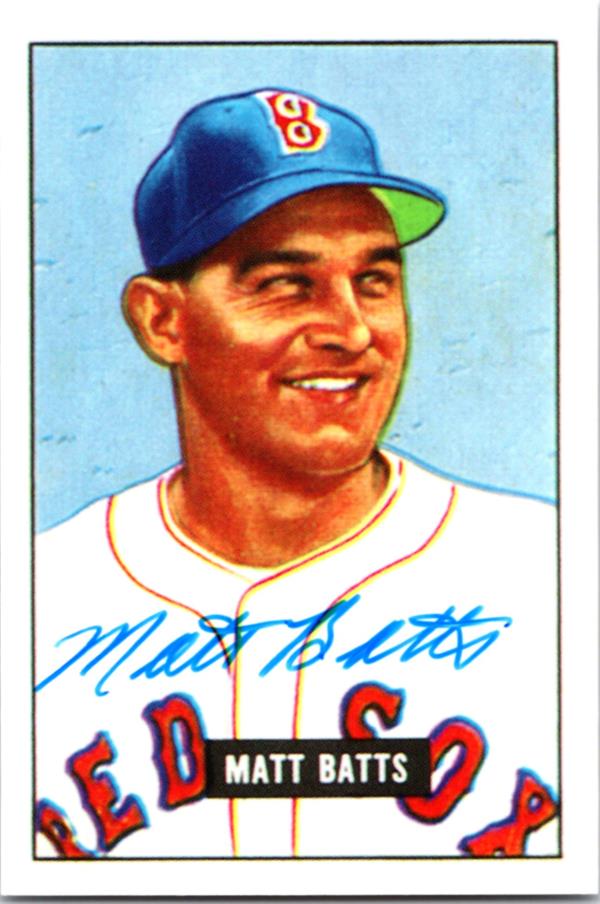 782991 Matt Batts Autographed Baseball Card - Boston Red Sox 1986 CCC Reprint Series 1951 Bowman No.129