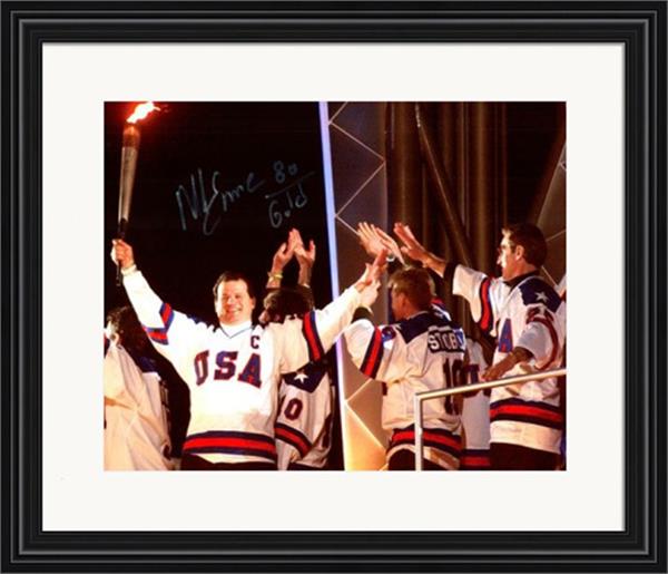 Picture of Autograph Warehouse 726232 Mike Eruzione Autographed 8 x 10 in. Photo - 1980 USA Olympic Hockey Team No.1 Matted & Framed