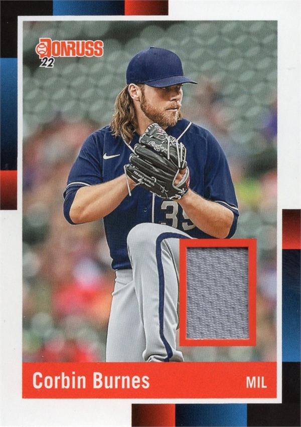 782551 Corbin Burnes Player Worn Jersey Patch Baseball Card - Milwaukee Brewers 2022 Panini Donruss No.R88MCO
