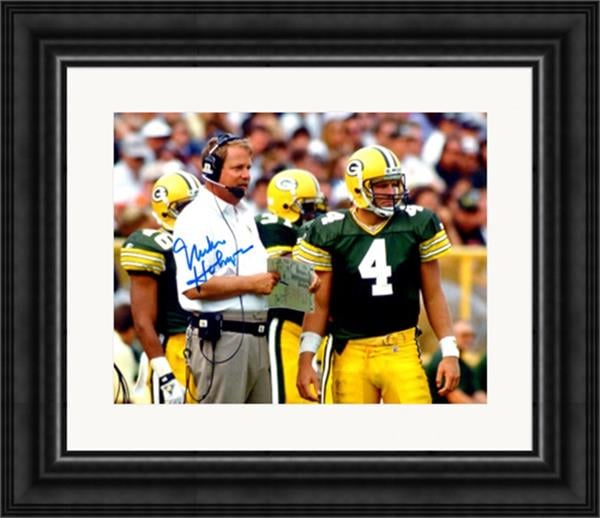 783452 Mike Holmgren Autographed 8 x 10 in. Photo - Green Bay Packers Super Bowl Head Coach with Brett Favre No.SC12 Matted & Framed