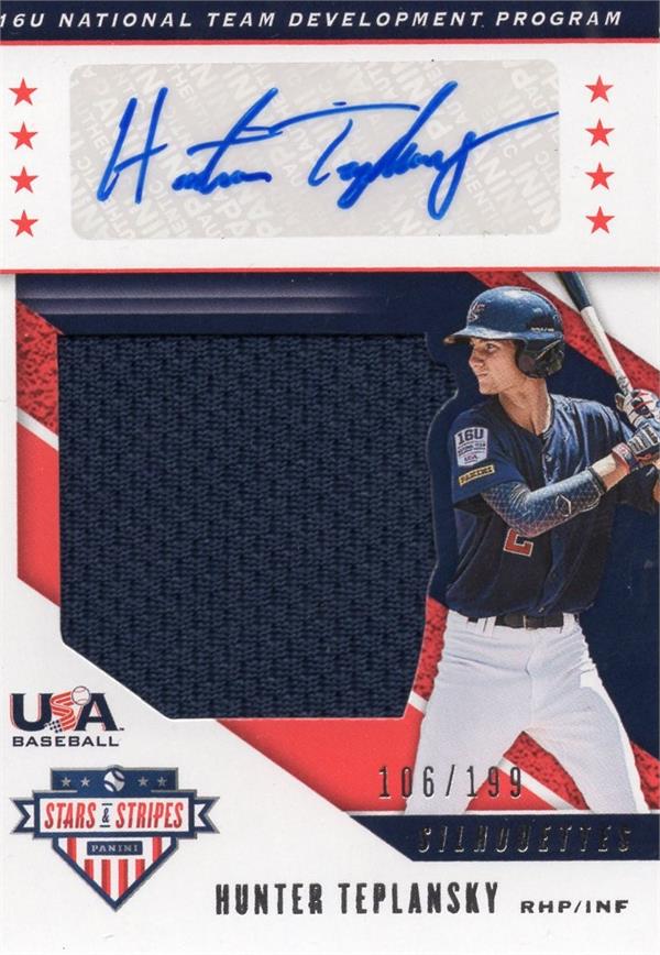794250 Hunter Teplansky Autographed Worn Jersey Patch Baseball Card - Team USA 2019 Panini Stars & Stripes Rookie No.USAFM LE 106 & 199