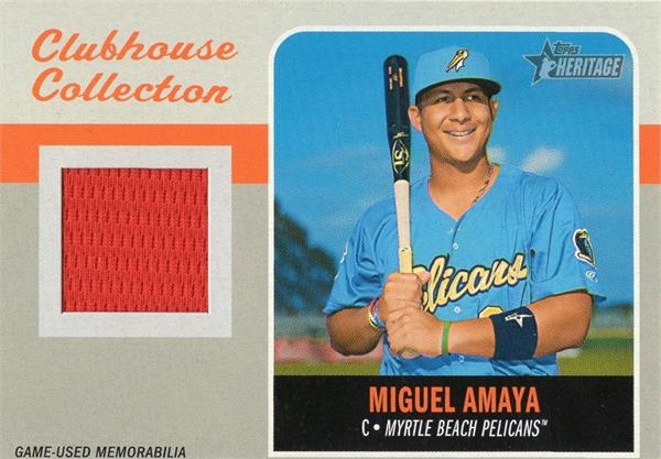 736764 Miguel Amaya Player Worn Jersey Patch Baseball Card - Myrtle Beach Pelicans, Cubs 2019 Topps Heritage Clubhouse Collection Rookie No.CCrma