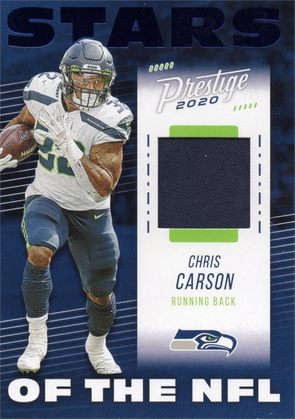 737582 Chris Carson Player Worn Jersey Patch Football Card - Seattle Seahawks 2020 Panini Prestige Stars No.SNCC