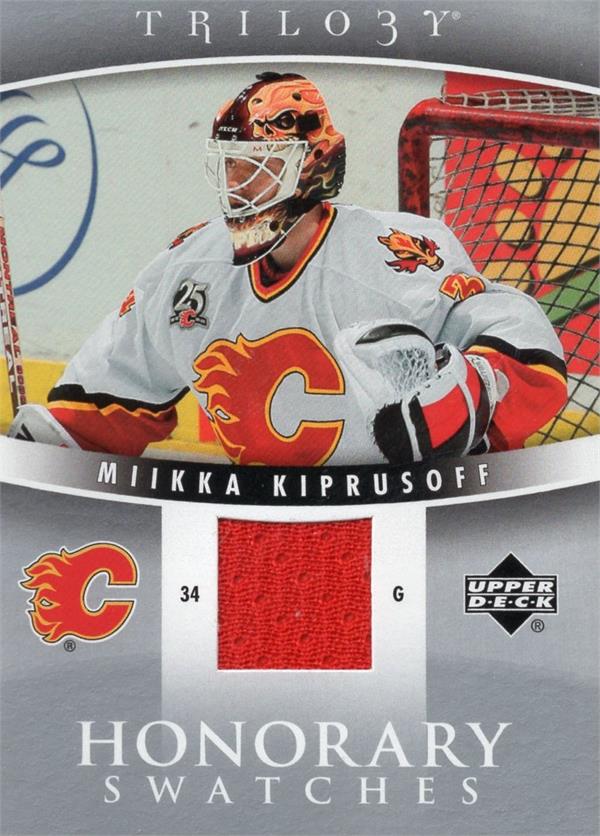 769809 Miikka Kiprusoff Player Worn Jersey Patch Hockey Card - Calgary Flames 2007 Upper Deck Trilogy No.HSMK