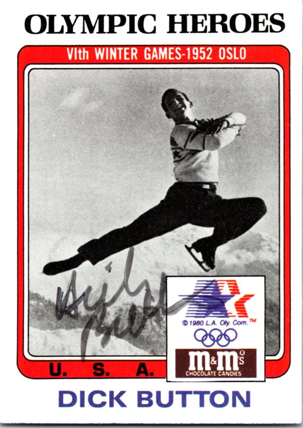 769836 Dick Button Autographed Trading Card - Olympic USA Figure Skating Harvard 1983 M&Ms Olypics Heroes No.5