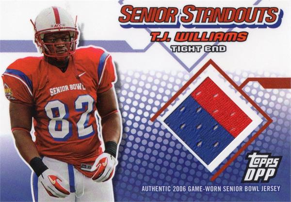 782198 T.J. Williams Player Worn Jersey Patch Football Card - Nc State Wolfpack 2006 Topps Senior Standouts No.SSTJ Rookie