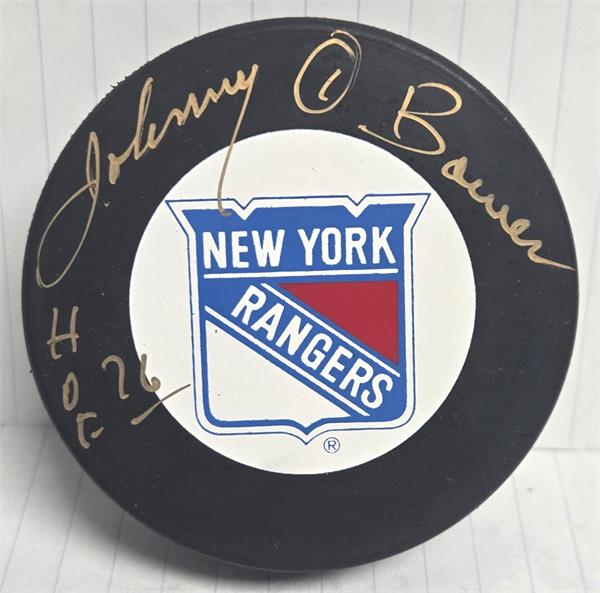 Picture of Autograph Warehouse 783587 Johnny Bower Autographed Hockey Puck - Inscribed HOF 76 -   York Rangers Display Cube