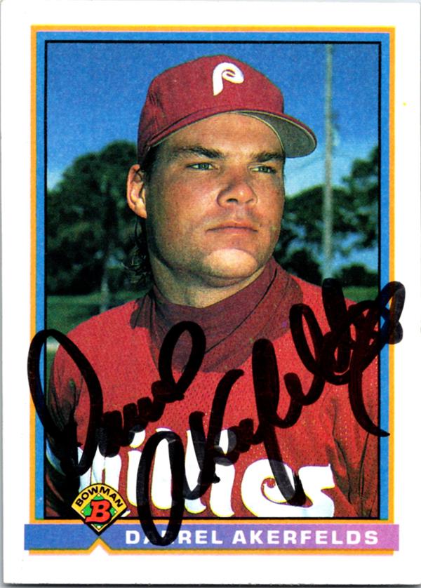 781396 Darrel Akerfelds Autographed Baseball Card - Philadelphia Phillies 1991 Bowman No.493
