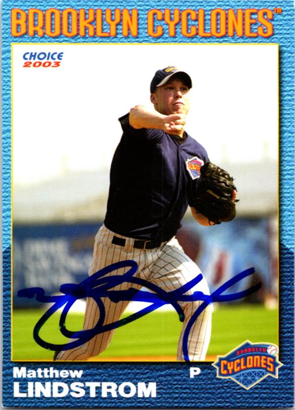 781894 Matthew Lindstrom Autographed Baseball Card - Brooklyn Cyclones, Mets 2003 Choice No.20