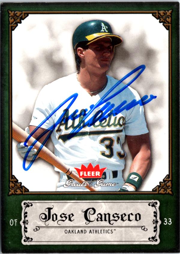 795000 Jose Canseco Autographed Baseball Card - Oakland Athletics 2006 Fleer Greats of The Game No.55