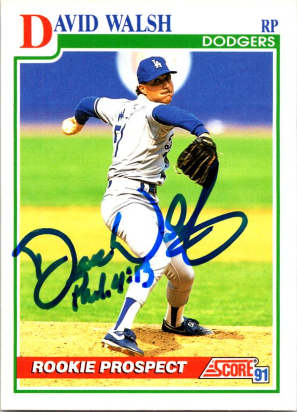 781103 Dave Walsh Autographed Baseball Card - Los Angeles Dodgers 1991 Score Rookie No.351