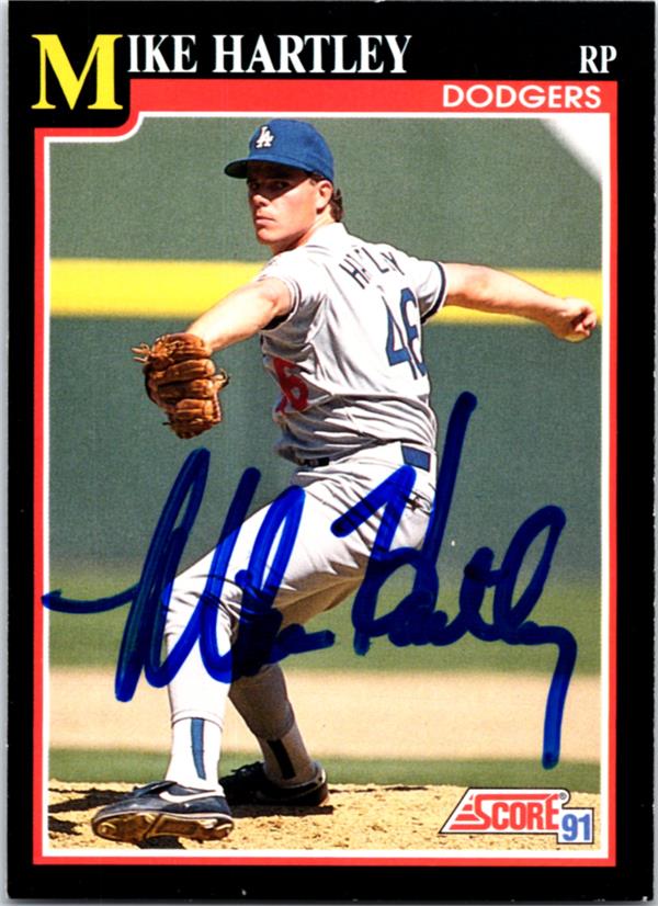 781277 Mike Hartley Autographed Baseball Card - Los Angeles Dodgers 1991 Score No.252