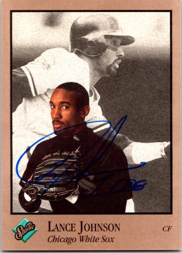 781308 Lance Johnson Autographed Baseball Card - Chicago White Sox 1992 Leaf Studio No.154