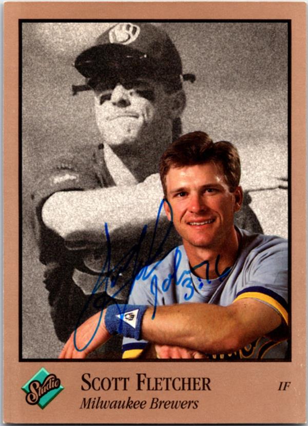 781434 Scott Fletcher Autographed Baseball Card - Milwaukee Brewers 1992 Leaf Studio No.193