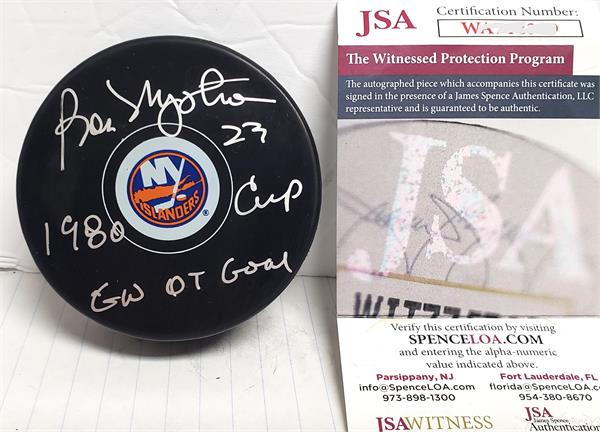 Picture of Autograph Warehouse 736545 Bobby Nystrom Autographed Hockey Puck -   York Islanders Inscribed 1980 Cup Gw Ot Goal JSA Authenticated