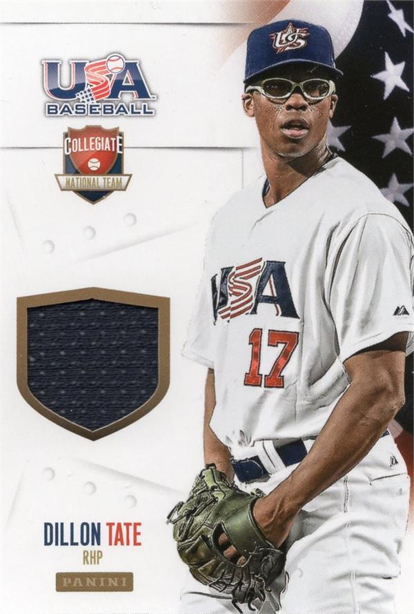 736743 Dillon Tate Player Worn Jersey Patch Baseball Card - Team USA, Orioles 2014 Panini Collegiate Rookie No.25 LE 65 & 99