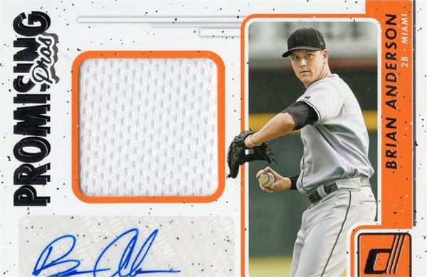 736935 Brian Anderson Autographed Player Worn Jersey Patch Baseball Card - Miami Marlins 2017 Donruss Promising Pros No.PPMSBA