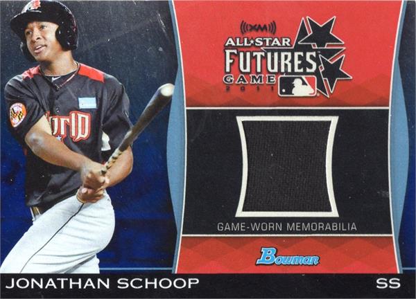794424 Jonathan Schoop Player Worn Jersey Patch Baseball Card - Baltimore Orioles 2011 Bowman Futures No.FGRJS