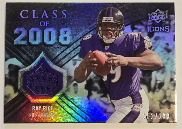 794711 Ray Rice Player Worn Jersey Patch Football Card - Baltimore Ravens 2008 Upper Deck Icons Refractor No.CO32