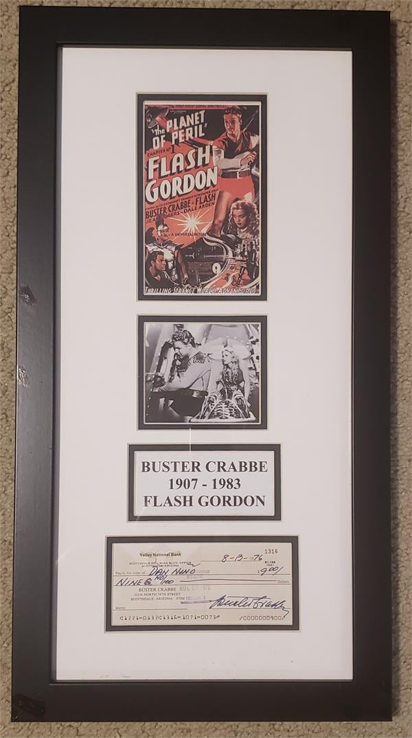 737836 Buster Crabbe Signed Check Matted Framed Flash Gordon 11 x 17 in. Photo - Some Age Scratches on Frame