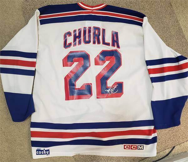 Picture of Autograph Warehouse 738020 Shane Churla Autographed Hockey Jersey -   York Rangers Home White Iron on Cosby - Large