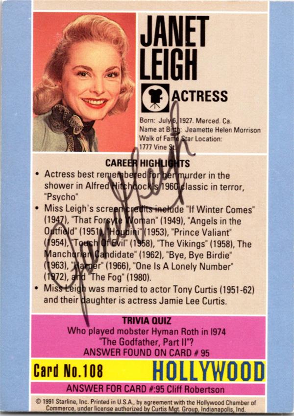 780094 Janet Leigh Signed Trading Card - Psycho, Bye Bye Birdie 1991 Hollywood Walk of Fame No.108 Back