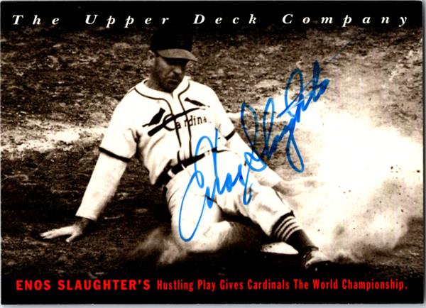 768812 Enos Slaughter Signed Baseball Card - St Louis Cardinals 1994 Upper Deck No.14 Bat All Time Heroes Mad Dash