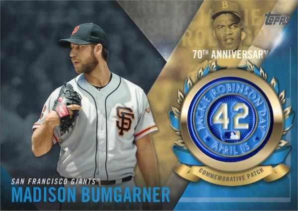 794012 Madison Bumgarner Baseball Card - San Francisco Giants 2017 Topps Commemorative 70Th Anniversary Jackie Robinson Patch No.JRPCMBU