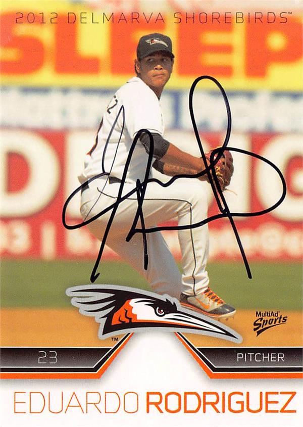 794215 Eduardo Rodriguez Autographed Baseball Card - 2012 Delmarva Shorebirds No.22 Pre Rookie - Orioles Now Diamondbacks