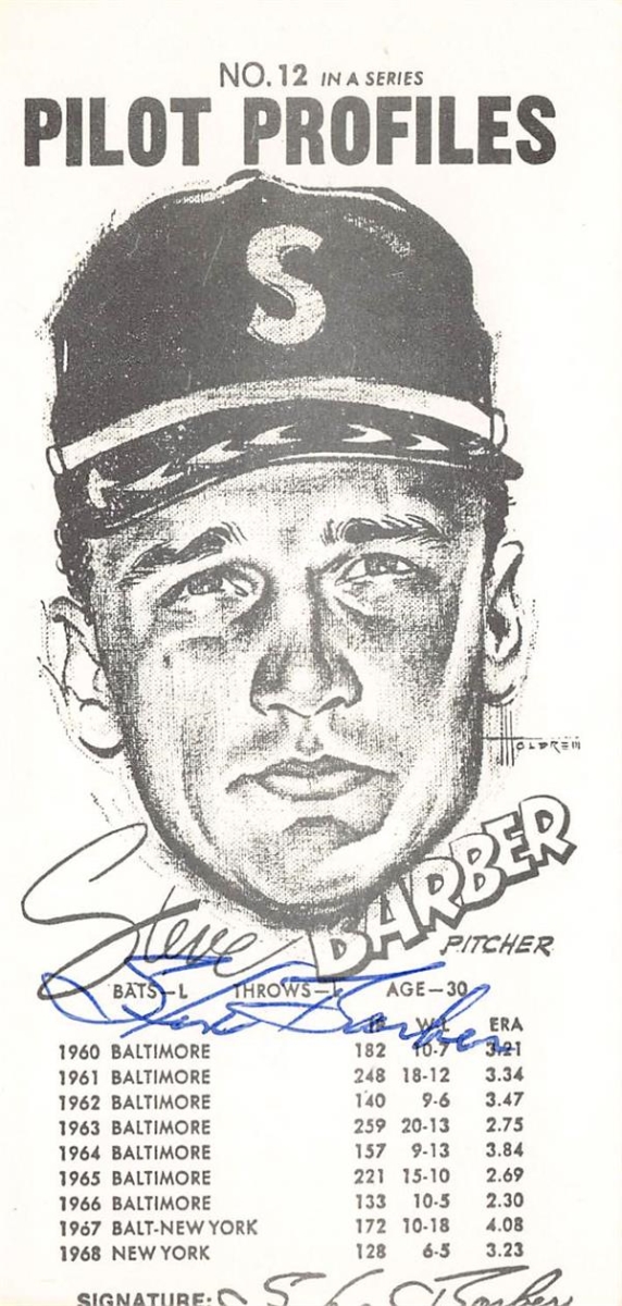794332 Steve Barber Autographed Baseball Card - 1969 Seattle Pilots Post-Intelligencer No.12 - Repo Edition 67 - 2 x 5 in.