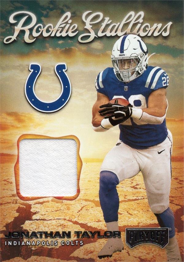 737638 Jonathan Taylor Player Worn Jersey Patch Football Card - Indianapolis Colts 2020 Panini Playoff Rookie Stallions No.RS18