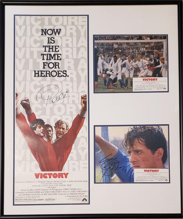 737901 Pele Sylvester Stallone Michael Caine Autographed Victory Movie Masterpiece Framed Matted Photo - Soccer Framing Low Grade Used