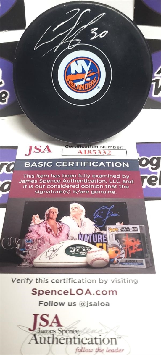 Picture of Autograph Warehouse 782309 Ilya Sorokin Autographed Hockey Puck -   York Islanders JSA Authentication Display Cube