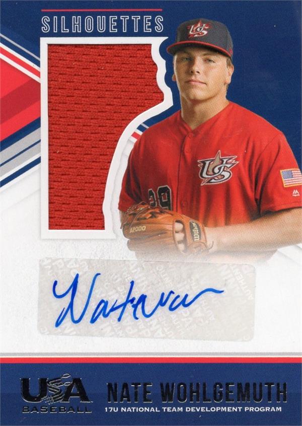 782617 Nate Wohlgemuth Signed Player Worn Jersey Patch Baseball Card - Arkansas Razorbacks 2018 Panini Silhouettes No.97 LE 185 & 199