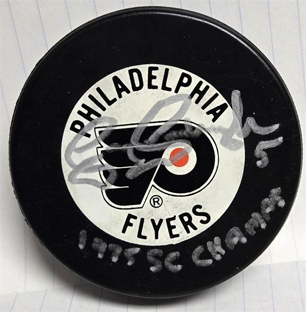Picture of Autograph Warehouse 726268 Larry Goodenough Autographed Hockey Puck - Inscribed 1975 SC Champs - Philadelphia Flyers Stanley Cup