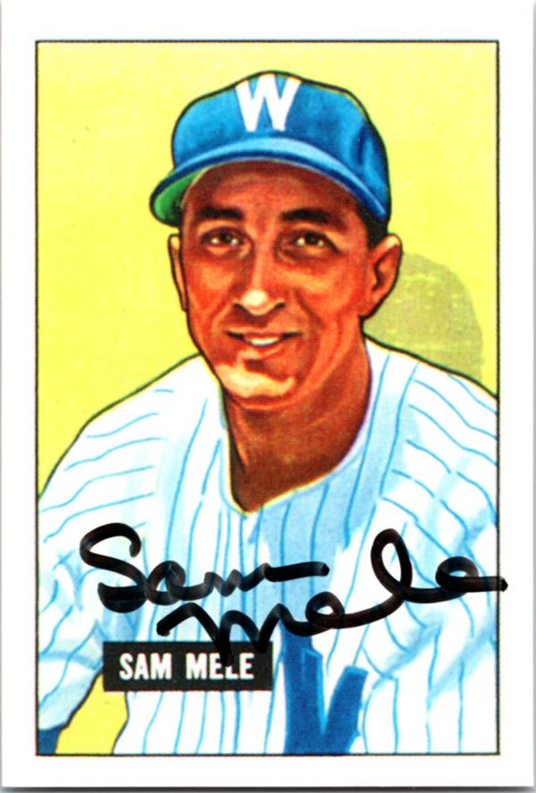 782889 Sam Mele Autographed Baseball Card - Washington Senators 1986 CCC Reprint Series 1951 Bowman No.168